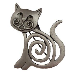 JJ Jonette Pewter Cat Modernist Open Brooch Pin, Signed E739